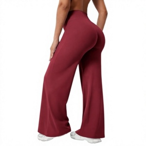 Pantalon taille haute à jambes larges pour femme, couleur bordeaux, sans couture, pour le yoga, le fitness et les tenues décontractées - Product Image 1