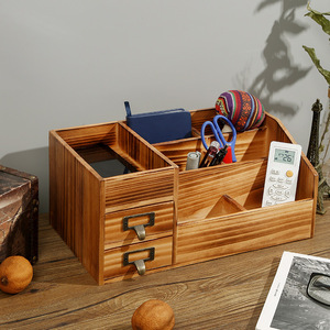 Caja de almacenamiento de madera para escritorio con cajones, para organizar bolígrafos, mandos a distancia, color quemado, forma rectangular, para oficina y sala de estar - Product Image 1