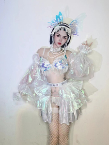 Costume de fête musical Gogo féerique pour femme, personnalisé, en polyester respirant, avec paillettes à effet miroir et franges, idéal pour les bars et boîtes de nuit - Product Image 2