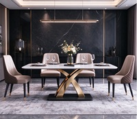 Meubles de salle à manger modernes pour la maison, table à manger en pierre frittée brillante, pieds en acier inoxydable doré, chaises de salle à manger rembourrées en PU, ensemble de 4 pièces