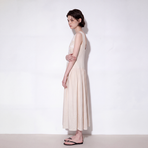 Beige Floral Embroidered Casual <b>Dress</b> Sleeveless A Line Midi <b>Dress</b> Feminine <b>Summer</b> Party <b>Dress</b> - Product Image 2