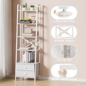 Estantería Escalera Multifuncional de 5 Niveles <span class=keywords><strong>con</strong></span> 2 <span class=keywords><strong>Cajones</strong></span>, Estantería Industrial <span class=keywords><strong>Estrecha</strong></span> para Libros, Estantes de Almacenamiento Independientes para Dormitorio - Product Image 2