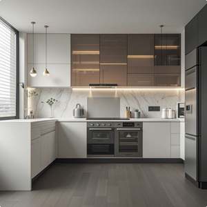 Juego Completo de Muebles de Cocina Modernos Modulares en Color Crema Brillante con Cesta de Cajones y Electrodomésticos Completos - Product Image 3