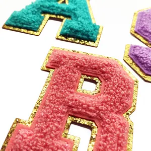 Custom wholesale Towel Embroidery Glitter Chenille Letters Alphabet Iron On Patches For Clothing Clothes Jacket bag hats