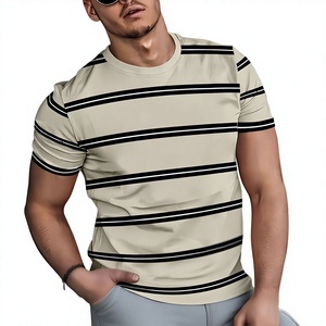 Camiseta de Punto de Manga Corta con Cuello Redondo y Rayas Beige para Hombre, Corte Regular, Ropa Casual, Poliéster/Algodón, Secado Rápido, Serigrafía - Product Image 1