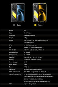 สมาร์ทโฟน Oscal Pilot 5 5G รุ่นทนทาน สีดำ/เหลือง หน้าจอ 6.67 นิ้ว HD+ 120Hz โทรศัพท์มือถือมาตรฐาน IP69K ระบบปฏิบัติการ Android 16 รองรับการชาร์จเร็ว 33W พร้อม NFC หน่วยความจำ 8+256GB - Product Image 5