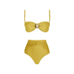 JSN Set Bikini pinggang tinggi Kuning Solid, pakaian renang pantai Halter Push Up tiga potong