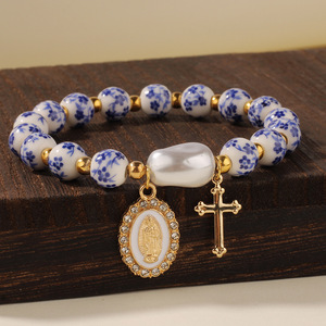 Irregularly Shaped Blue-and-White Porcelain Bead <b>Bracelet</b> With <b>WWJD</b> Letter Pendant Cross Unisex Wholesale Yiwu L1396 Irregular S - Product Image 2