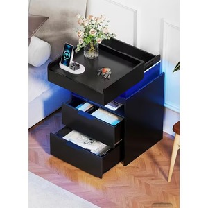 <span class=keywords><strong>Table</strong></span> <span class=keywords><strong>de</strong></span> chevet moderne en <span class=keywords><strong>bois</strong></span> <span class=keywords><strong>noir</strong></span> avec étagère coulissante, compartiment secret dissimulé, 2 tiroirs <span class=keywords><strong>et</strong></span> lumières LED - Product Image 1