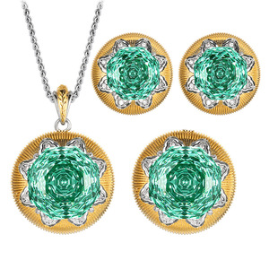 Vintage Eco-friendly Copper Trendy 14K Gold Plated Eight Pointed Star Jewellery 16-12mm Green Cubic Zirconia Women's Ring Set - Product Image 1