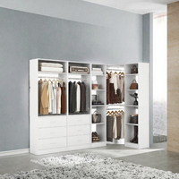 Système de placard d'angle en forme de L, dressing sur mesure, 6 tiroirs, 14 étagères, design réversible autoportant, en bois massif blanc