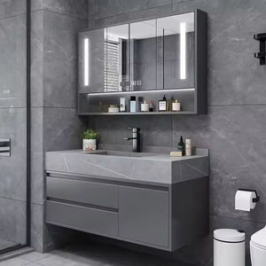 Luxury Black MDF Bathroom <b>Vanity</b> <b>Unit</b> with Smart Mirror Honeycomb Design Ceramic Basin Lacquer Finish Hospital Use - Product Image 3
