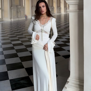 Robe de soirée élégante à col en V, style cache-cœur, avec superposition transparente, taille empire, manches longues, dos plissé, pour les loisirs - Product Image 2