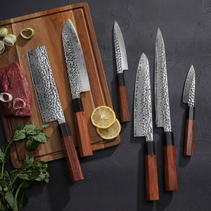 Ensemble de 6 couteaux de cuisine en acier Damas, manche en bois de rose, couteaux droits, couteaux à pieds de mouton, couteaux de chef, Santoku, utilitaires et à éplucher, personnalisables ODM - Product Image 1