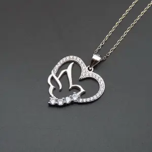 Women sterling silver jewelry 925 CZ bird pigeon dove peace and love heart shape pendant necklace