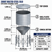 Silo en acier boulonné robuste de 2000 tonnes pour le stockage de ciment et de cendres, silo industriel de grande capacité de 12500 mm de diamètre avec 8 pieds de support stables