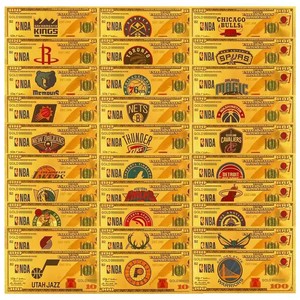 Ensemble de billets de banque en feuille d'or <span class=keywords><strong>NBA</strong></span> 30 équipes, style billet de 100 dollars, objet de collection pour les fans de basketball - Product Image 1