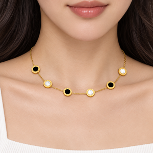 <b>Gold</b> Plated Alloy Necklace With Black And White Shell Inlay Round Pendant Minimalist Chain For Everyday Wearing - Product Image 5