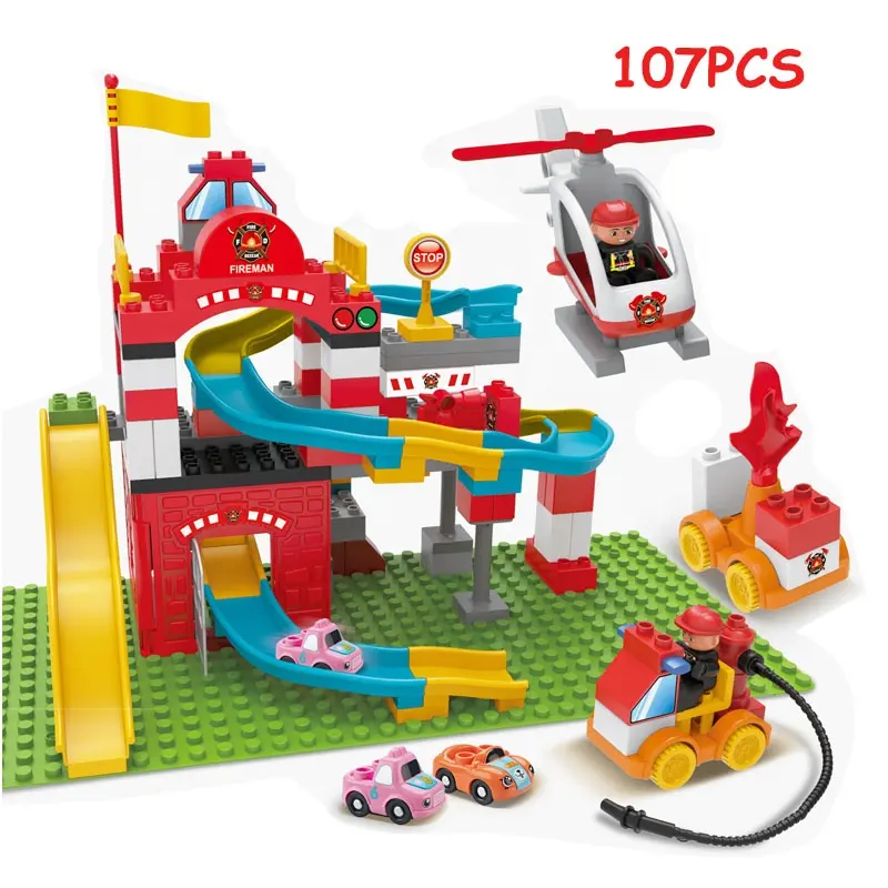 Mega block 107pcs with 2 cars fire style big building block toy for toddlers