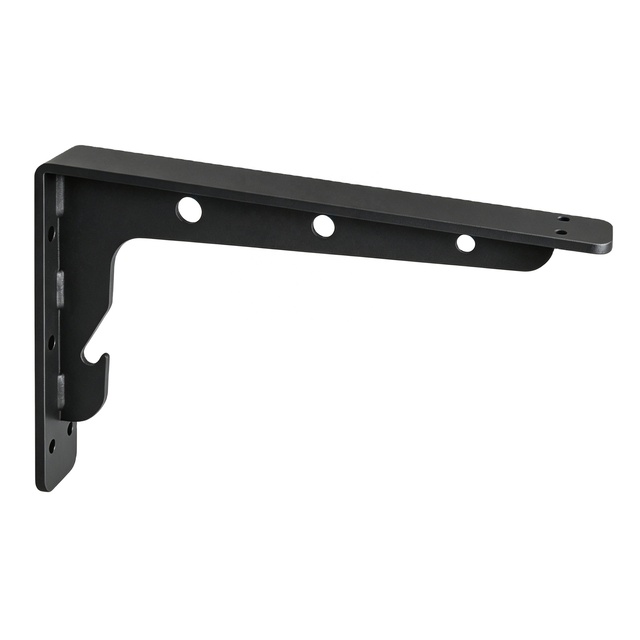Heavy Duty Black Multi-Purpose L-Shape Bracket with Hanging Hook 4-Hole Wall Mount Support for Shelves & Tools