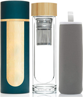 Bouteille d'eau en verre borosilicate à double paroi de 450 ml avec infuseur à thé, gobelet avec couvercle en bambou, poignée métallique, tasse à café de voyage sportive