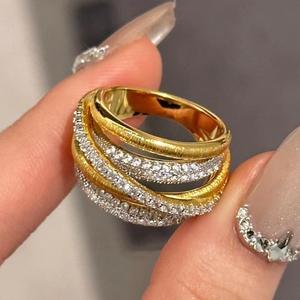 Anillo Cruzado de Plata Pura S925 Italiana con Baño de Oro de 18K, Diseño Multicapa con Incrustaciones de Diamantes, Moderno y Elegante - Product Image 1