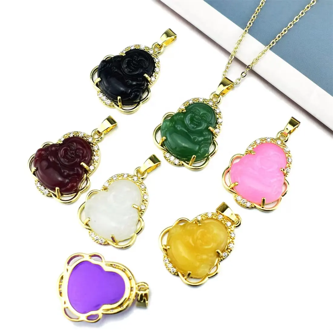 Factory Price Religious Copper Micro-inlaid Zircon Pendant Crystal Jade Stone Buddha Pendant Necklace For Women