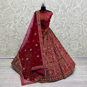 Lehenga Choli traditionnel indien rose brodé, avec dupatta en filet et mélange de soie, broderie riche, extensible, longueur ras du sol, pour mariage - Product Image 1