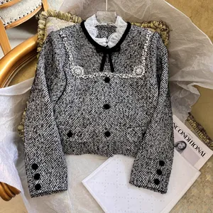 Nuevo diseño de alta calidad para mujer estilo MIU elegante chaqueta de tweed gris con cuentas de cristal