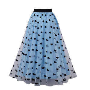 Automne décontracté femmes coeur imprimé maille <span class=keywords><strong>Tulle</strong></span> <span class=keywords><strong>jupe</strong></span> taille haute élastique <span class=keywords><strong>bleu</strong></span> marron Vintage 50s 60s balançoire une ligne jupes - Product Image 3