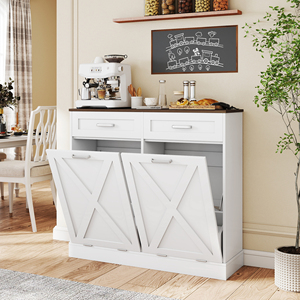 Cubo de Basura de Madera Multifuncional con Doble Abertura en Forma de T, con Cajones y Puerta Corredera, Resistente al Agua y Duradero - Product Image 1