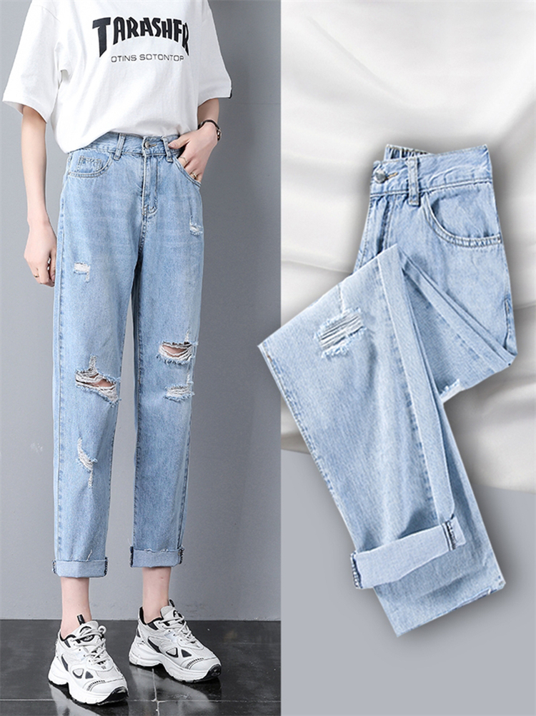New Arrivals Fashion Loose Light Blue Denim Pants Wide Leg Ripped Jeans For Women