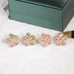 Fashion Colored Vintage Alloy Gemstone Earrings Crystal Flower Shaped Ear Studs