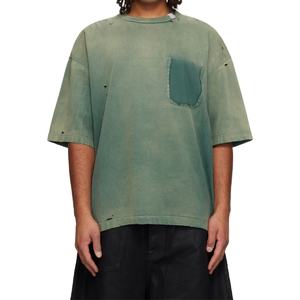 เสื้อยืดคอตตอนเจอร์ซีย์สีซีดแบบดิสเทรสทรงหลวมไหล่ตกสไตล์เรโทร ลุคทำเก่าแบบดิสเทรสทรงบ็อกซี่ เสื้อยืดโอเวอร์ไซส์ผู้ชาย - Product Image 1