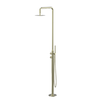 Robinet de colonne extérieur double en acier inoxydable finition brossée, avec douchette verticale autoportante pour sauna et plage