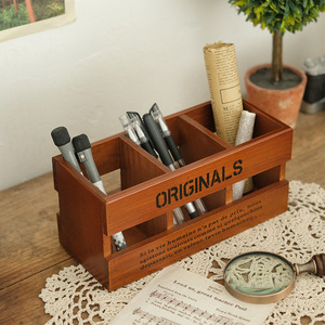 Wooden Retro Pen Holder Storage <b>Box</b> Rectangle Desktop Organizer For Stationery <b>Makeup</b> Brushes No Lid Originals Pattern - Product Image 4