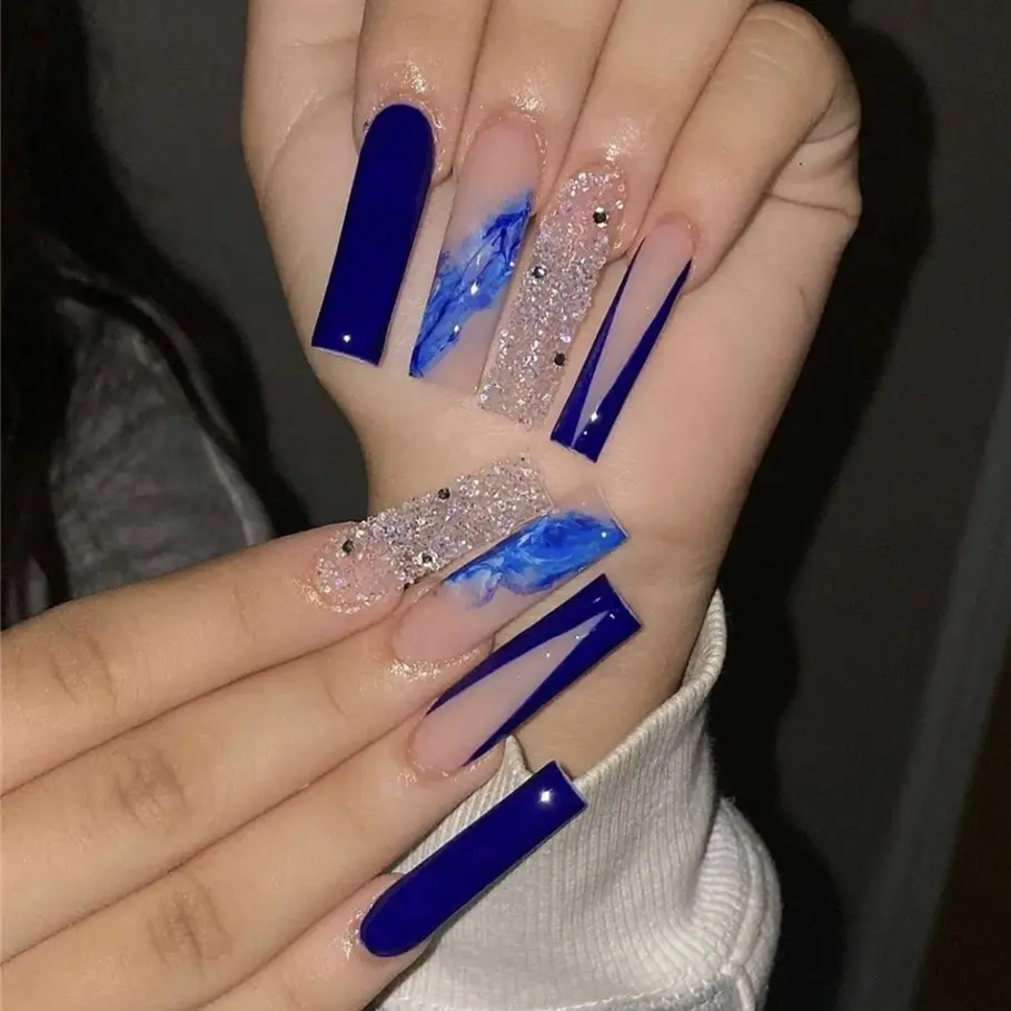 Ballerina Extra Long Press on Nails mit Designs Blue False Fake Nail Acryl Press On Coffin Künstlicher Nagel für Frauen Stick on