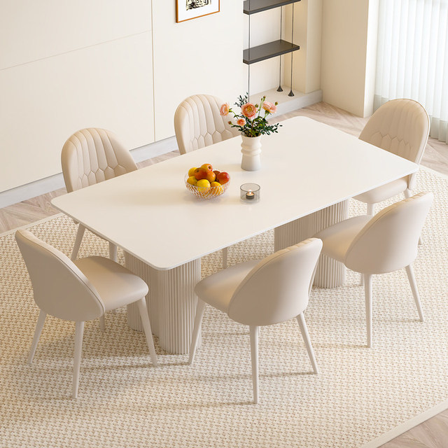 Light Luxury Pure White Rock Board Modern Minimalist Rectangular Dining Table 6-Seater for Small Apartment