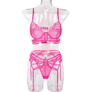 Biancheria intima donna Sexy con reggicalze erotico pizzo trasparente intimo donna rosa Set 3 pezzi - Product Image 5