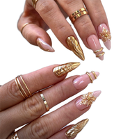 Lot de 24 faux ongles 3D élégants nude doré en amande, à presser, en ABS, avec colle