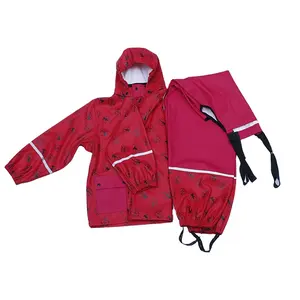 Kids PU rainwear waterproof suit recycled polyester rain coat trousers rain overall