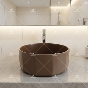 Lavabo hecho a mano de forma redonda de cerámica profunda, encimera de baño, cuenco de mesa, fregadero de arte <span class=keywords><strong>Colo</strong></span> marrón - Product Image 5