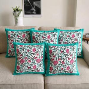 Ensemble de housses de coussin imprimées de fleurs, housses de coussin en coton, bordure turquoise, motif de fleurs roses, housses de coussin décoratives pour canapé - Product Image 2