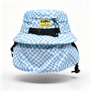 Blue Checkerboard Bucket <b>Hat</b> <b>with</b> <b>Neck</b> <b>Flap</b> UPF50+ UV Protection Adjustable Chin Strap Outdoor <b>Sun</b> <b>Hat</b> for Fishing Travel Casual - Product Image 2
