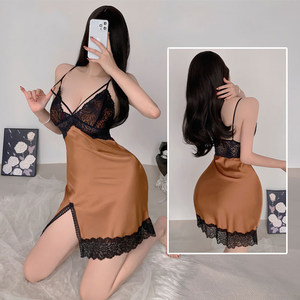 Camisón sin mangas con ribete de encaje satinado para mujer, diseño sin tirantes hasta la rodilla, ropa de dormir de verano de color sólido - Product Image 1