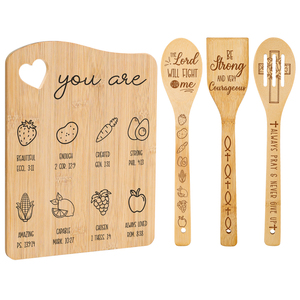 Ensemble de planches à découper en bambou Christian avec 3 spatules en bois gravées, planche à charcuterie ondulée avec verset biblique, ensemble de cadeaux d'ustensiles de cuisine - Product Image 1