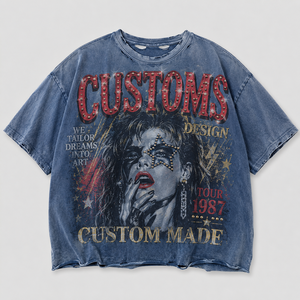 T-shirt graphique portrait en strass, effet délavé soleil, coton épais, coupe ample, style vintage usé, streetwear personnalisé pour homme - Product Image 1