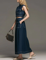 Ensemble deux pièces pour femme, style streetwear, gilet court sans manches à col mandarin et pantalon culotte large, tenue ample unie avec poches