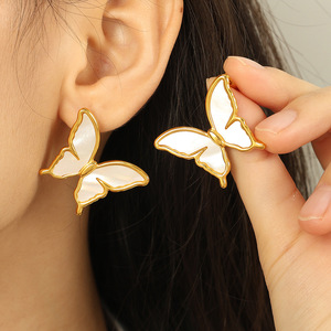 Pendientes de mariposa con concha blanca, aleación de zinc dorada, joyería de moda para mujer - Product Image 4