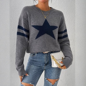 <span class=keywords><strong>Pull</strong></span>-over pour femme en tricot jacquard à étoiles à cinq branches, style européen et américain, respirant ; <span class=keywords><strong>Pull</strong></span>-over ample à col rond pour l'automne/hiver - Product Image 2
